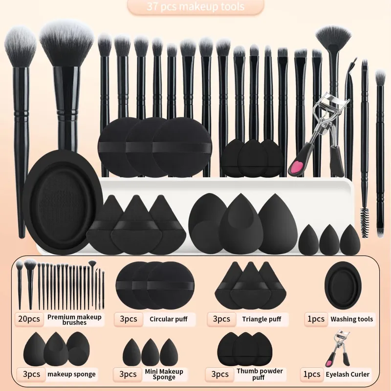 20 makeup brushes+3 round powder puffs+3 triangular powder puffs+3 beauty eggs+3 finger powder puffs+3 mini beauty eggs+1 washin
