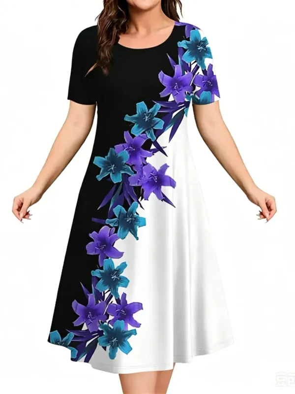 Sundress Loose Plus Size Dresses Women Flowers 3D Print Clothing Casual Summer Retro Short Sleeve Ladies Elegant Mini Dress — image 3