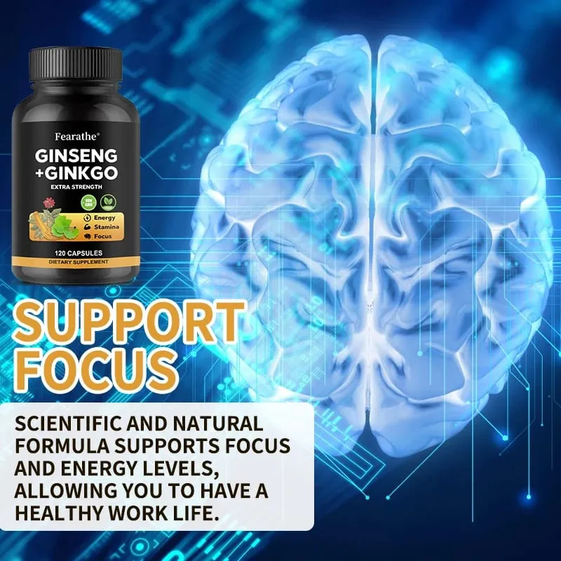 Korean Red Panax Ginseng + Ginkgo Biloba Capsules - Energy Focus & Heart Health Support 5% Ginsenosides Vegan Non-GMO