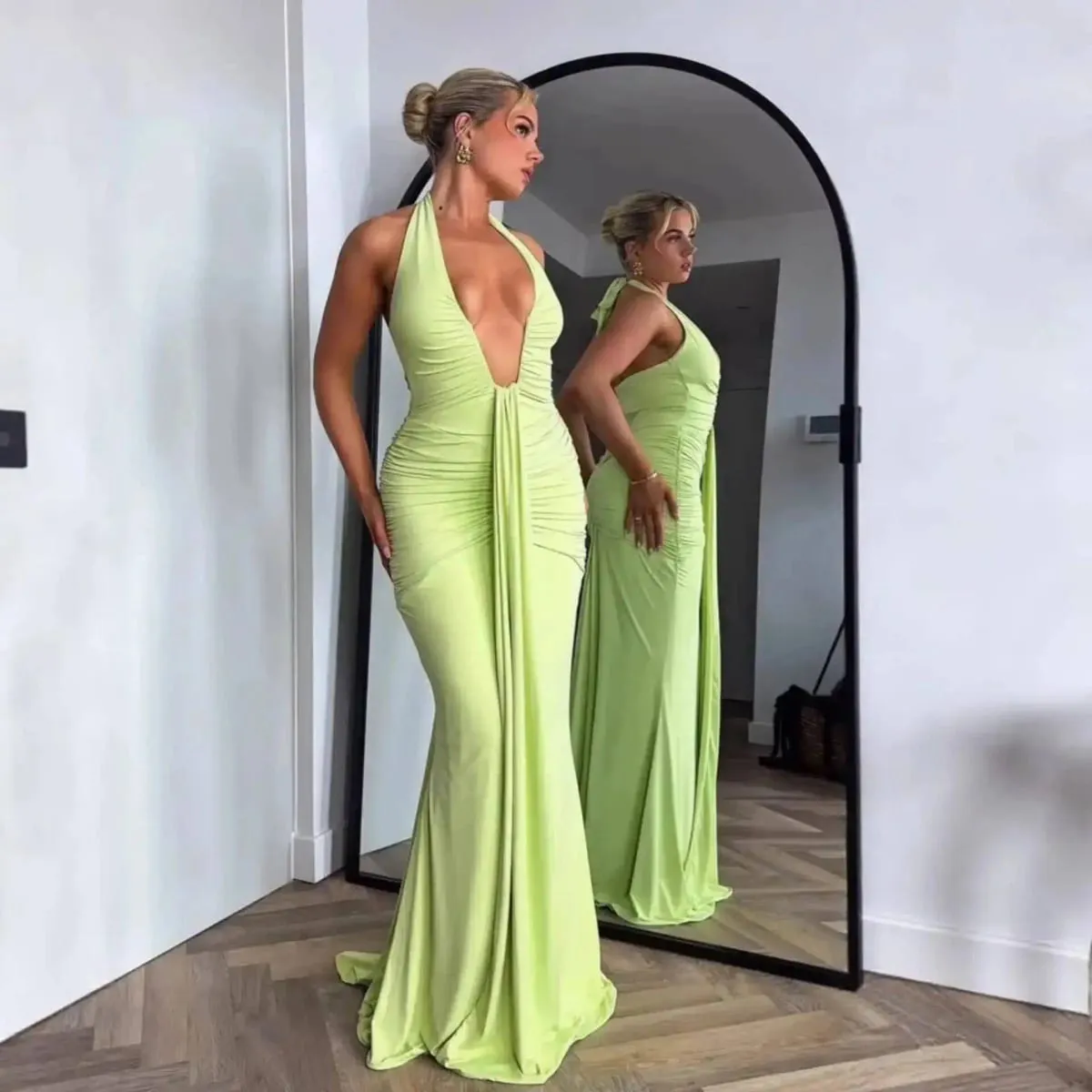 Giyu Sexy Evening Club Party Dresses Women 2025 Summer Ruched Bodycon Dress Deep V Neck Halter Draped Backless Elegant Robe — image 6