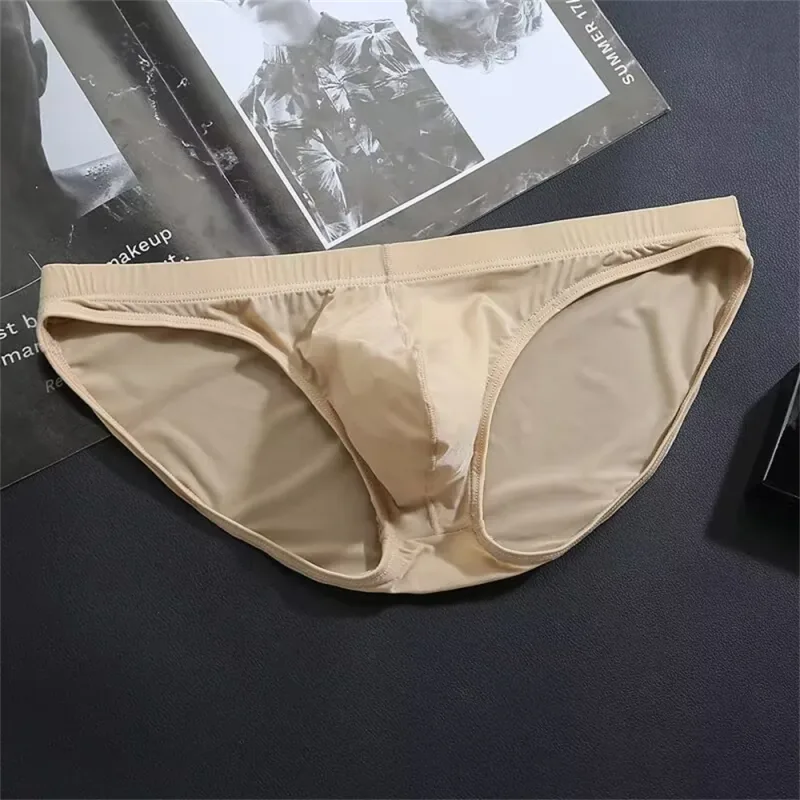 Plus Size M-4XL Man Ice Silk U Pouch Briefs Low Waist Translucent Nylon Underwear One-piece Sexy Ultra-thin Male Underpants