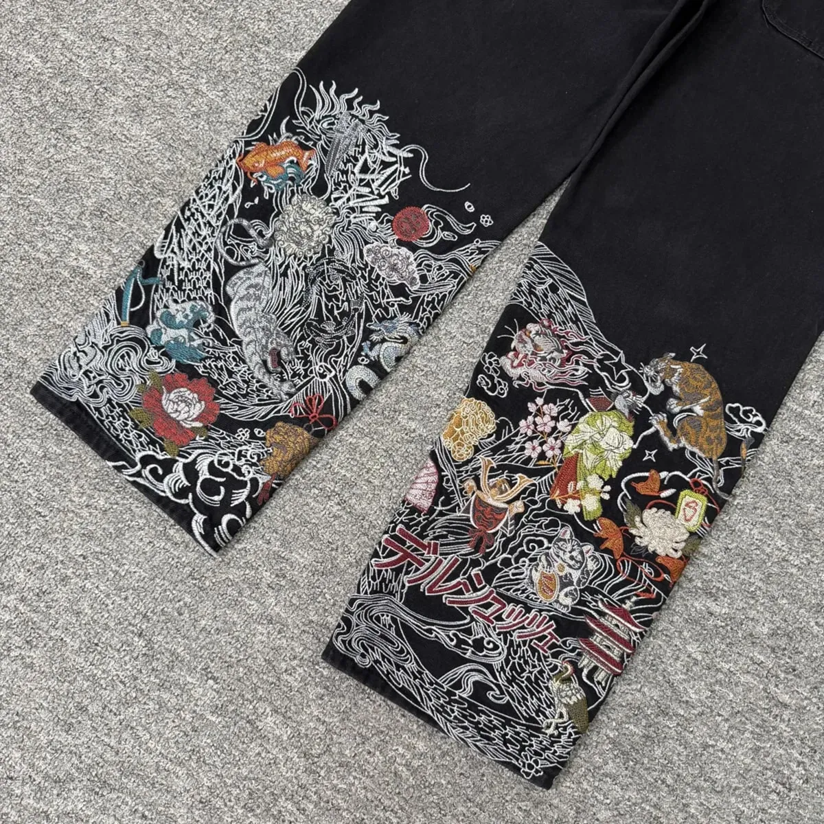 High Street Flower koi Fish Embroidery Baggy Jeans Pants for Men and Women Pantalones Hombre Straight Denim Trousers Oversized