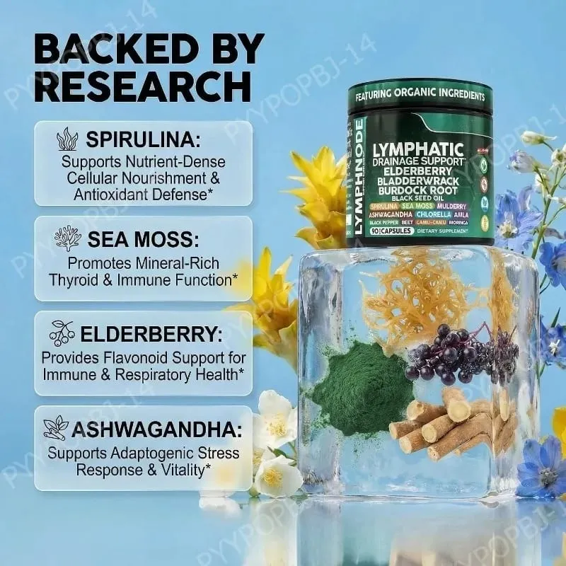 Organic Lymphatic Drainage Supplements with Elderberry Burdock Root Chlorella & Ashwagandha 90 Count Daily Wellness