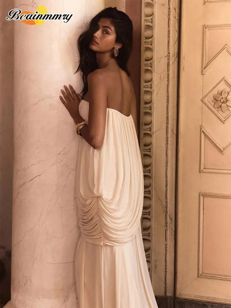 Sexy Pleated Strapless Maxi Dress Women Chic Solid Sleeveless Backless Loose Long Dresses 2026 Summer Lady Vacation Beach Outfit