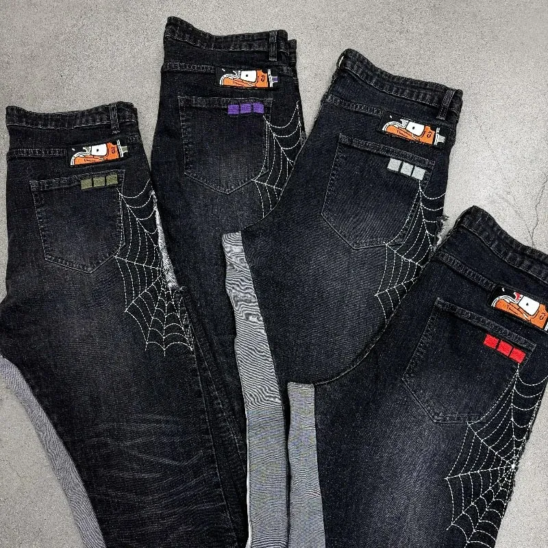 Y2k Hate Society Flared Jeans Men Retro Spider Web Embroidery Washed Jeans American Hip Hop Streetwear Unisex Bootcut Jeans