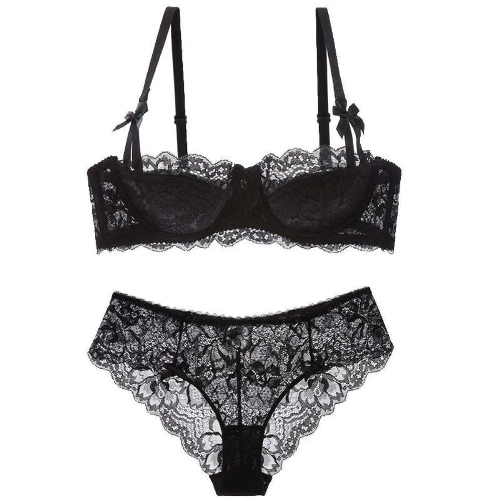 セクシー French Lace Half Cup Bra Set Bow Shoulder Strap Thin Large Bust Minimizer Pure Desire Lingerie For Teen Girls Daily Outfit