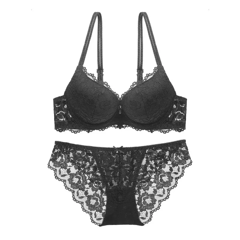 Comfortable Mesh Lace Flower Bra Low Waist Bowknot Push Up Bra Women Non Slip Lingerie Seamless Underwear Set Girl