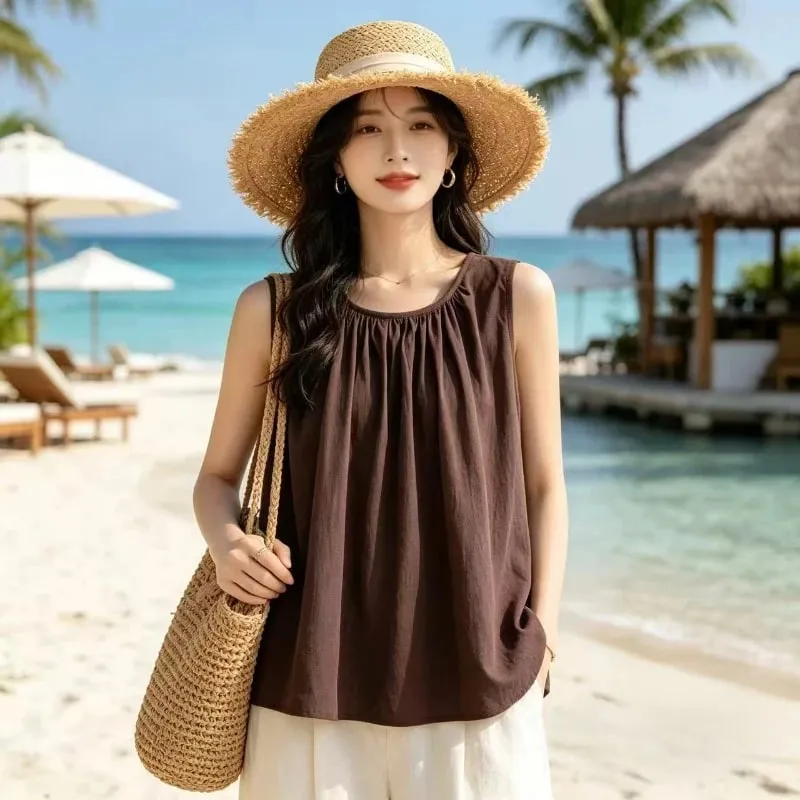 Street Casual Pleated Solid Simplicity All-match Tops Summer New Sleeveless Loose Elegant T Shirts Fashion Trend Women Clothing