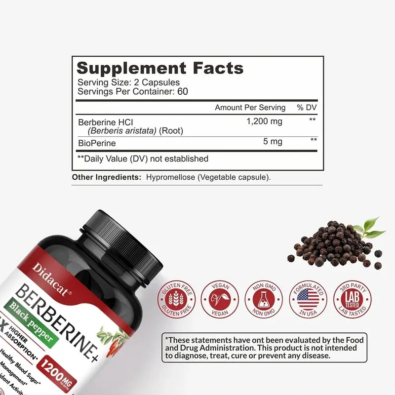 Berberine HCl Supplement - for Metabolism & Cholesterol Weight Management GI & Immunity Vegetarian Gluten-Free