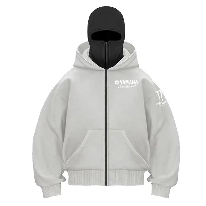 yamaha logo Naka-print na Cotton Cycling Mask Zipper Hoodie Lalaki at Babae Taglagas at Taglamig Bagong Estilo Fashion Casual Retro Cycling Jer