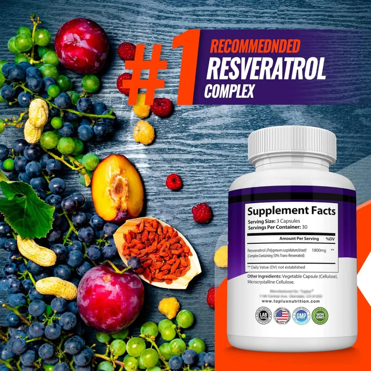 Resveratrol Complex - Trans Resveratrol Supplement with Grape Seed - Promote healthy aging immune system brain functio 90 pill