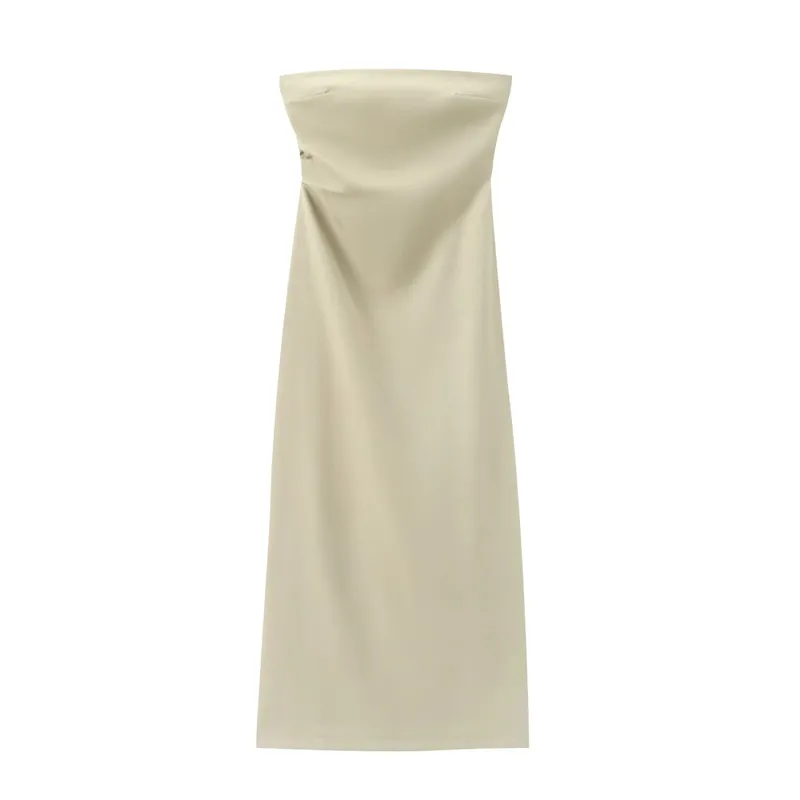 Women Fashion Summer New Sexy Split Back Zip Pleated Sleeveless Strapless Dress Chic Female French Elegant Evening
