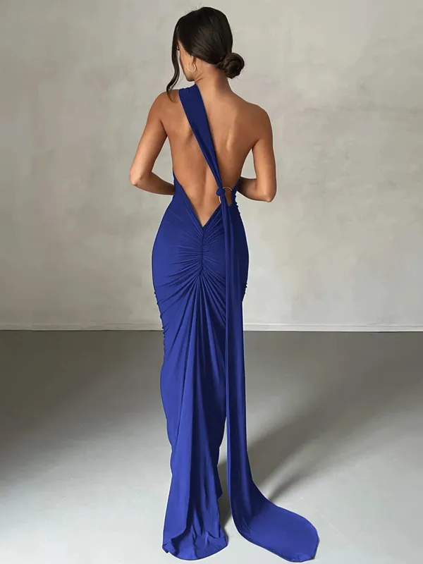 Hugcitar Eine Schulter, rückenfrei, verstellbar, mit Schal, Schleife, gerafft, sexy Maxikleid, 2025, Damen, elegantes Y2K-Streetwear-Festival-Outfit
