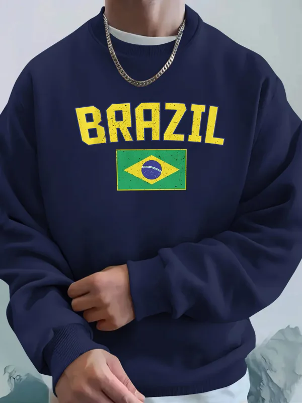 Brazil Letter And Flag Prints Man'S Pocket Streetwear Street Basic Hoody Crewneck Sport Sweatshirts Fleece Trendy Pullovers