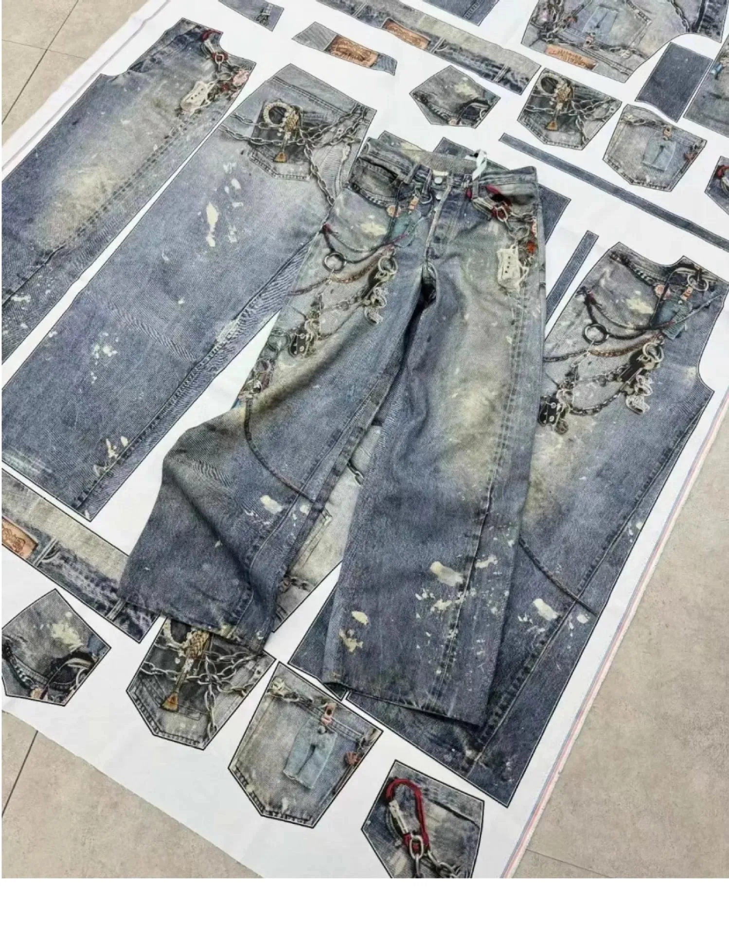 Street 3D Printed Candy Chain Denim Washed Jeans Baggy Fashion Curved Blade Harem Jeans Pants Men Y2k Wide Leg Trousers