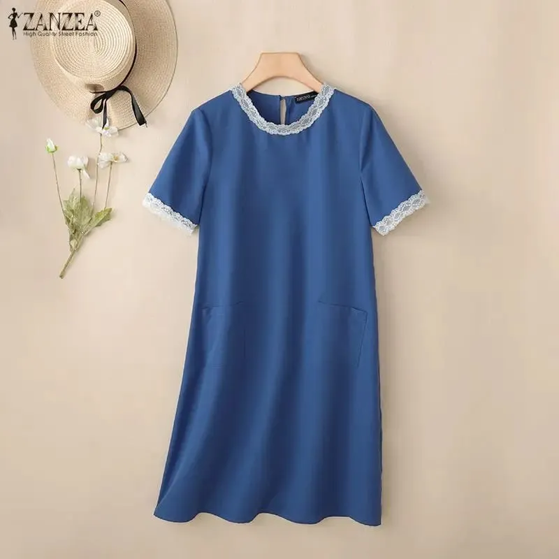 Women Summer Loose Knee-Length Dress Lace Patchwork O-Neck Short Sleeve Pockets Solid Color Dresses ZANZEA Everyday Wear Robes