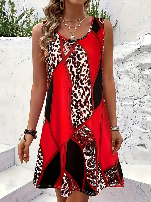 Fashion Leopard Geometric Women Dress Sleeveless Sundress Collage Graphic Summer Casual Daily Wear Female Clothing Trendy New