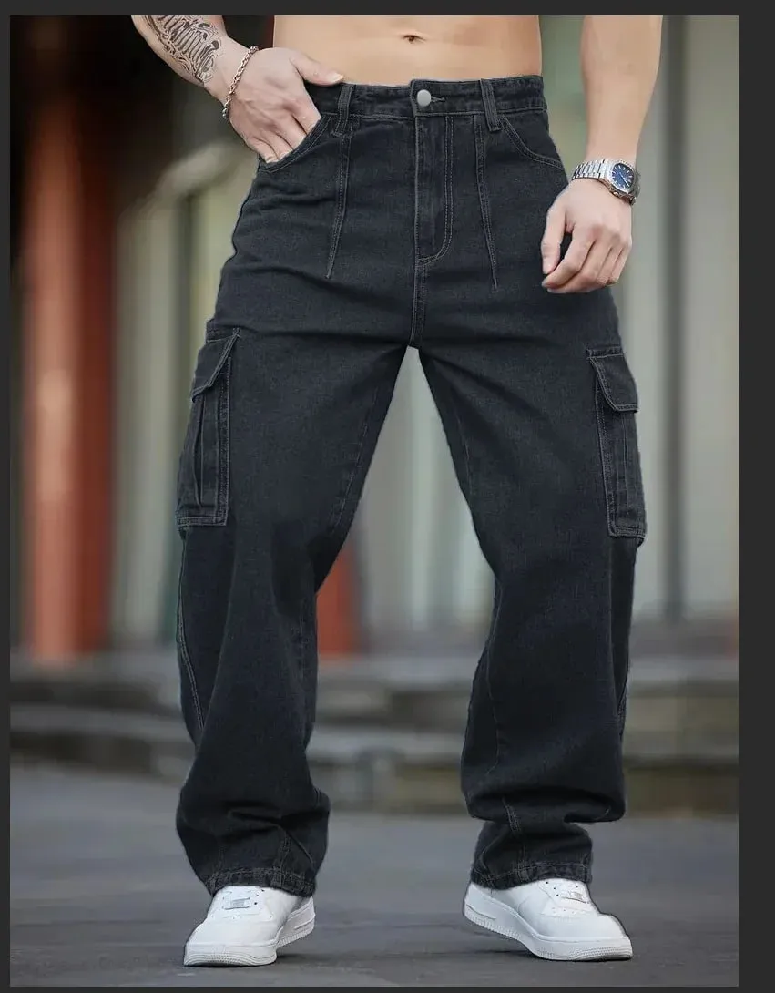Men's Deep Blue Washed Denim Workwear Jeans Casual Multiple Pockets Design Loose Wide Leg Trousers Y2K Style Cargo Pants