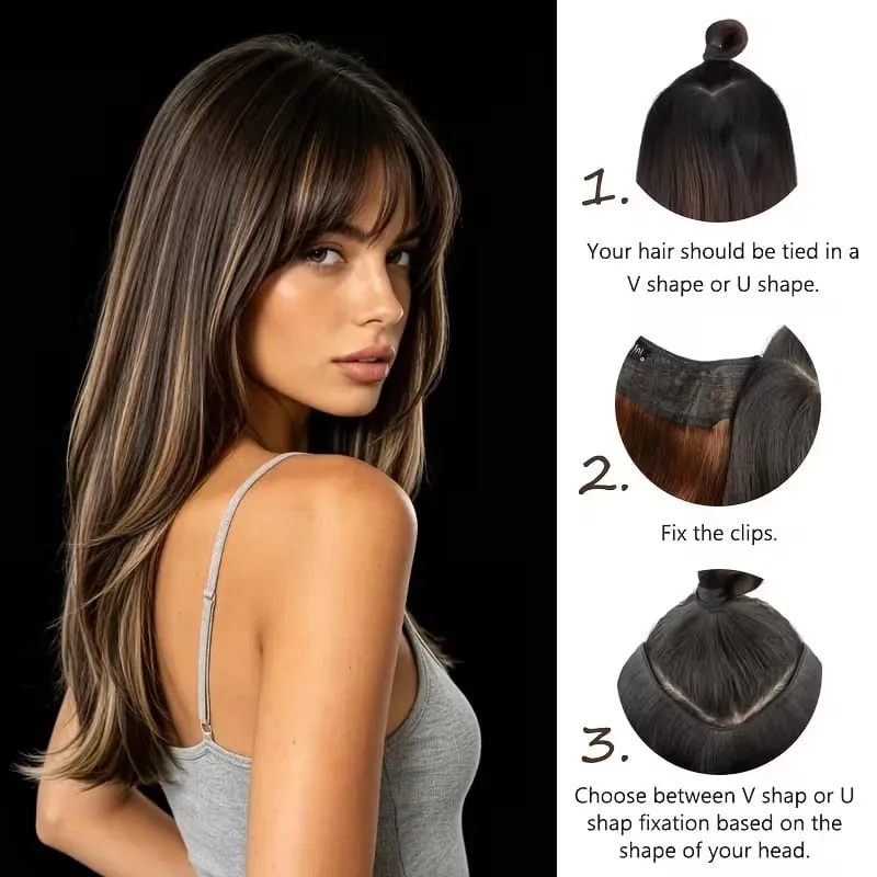 22Inch Synthetic V-Shaped Long Layered Straight Hair Extensions Invisible Increase Volume Fashion Lazy Hairstyle for Women