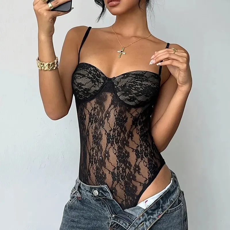 Y2k Women's Black Lace Bodysuit Summer Sheer Spaghetti Strap Bow Detail Slim Fit Party Streetwear Going Out Sexy Bodysuit Tops
