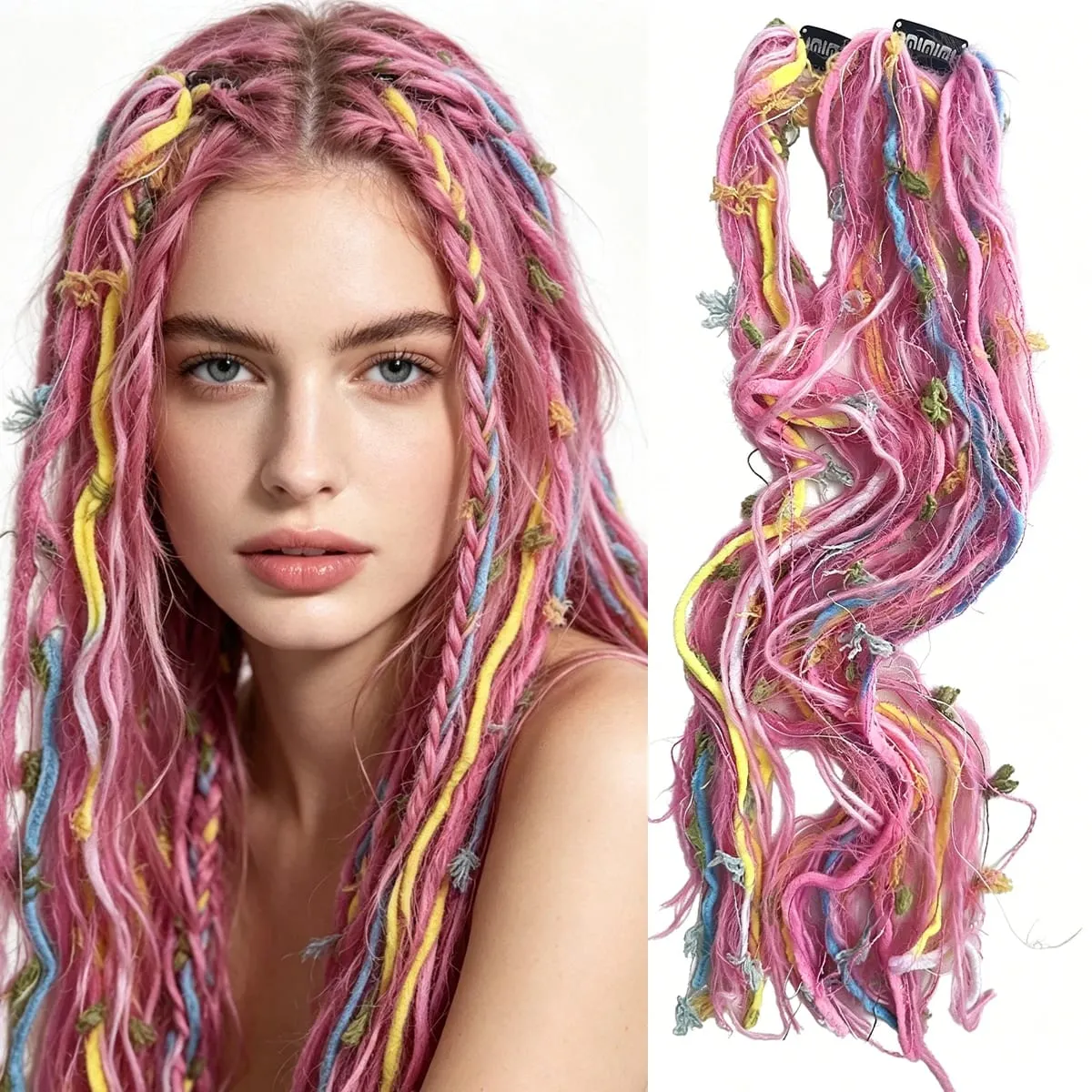 Synthetic Clip In Pastel Pink Macaron Faux Locs Hair Extensions Handmade Textured Straight With HairPieces For Women Daily Party