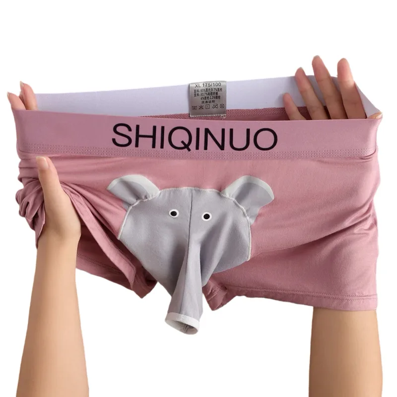 Men Cute Elephant Print Boxer Briefs Elastic Letter Waist 3D Pouch Soft Breathable Daily Sleep Home Casual Comfy Underwear Wear