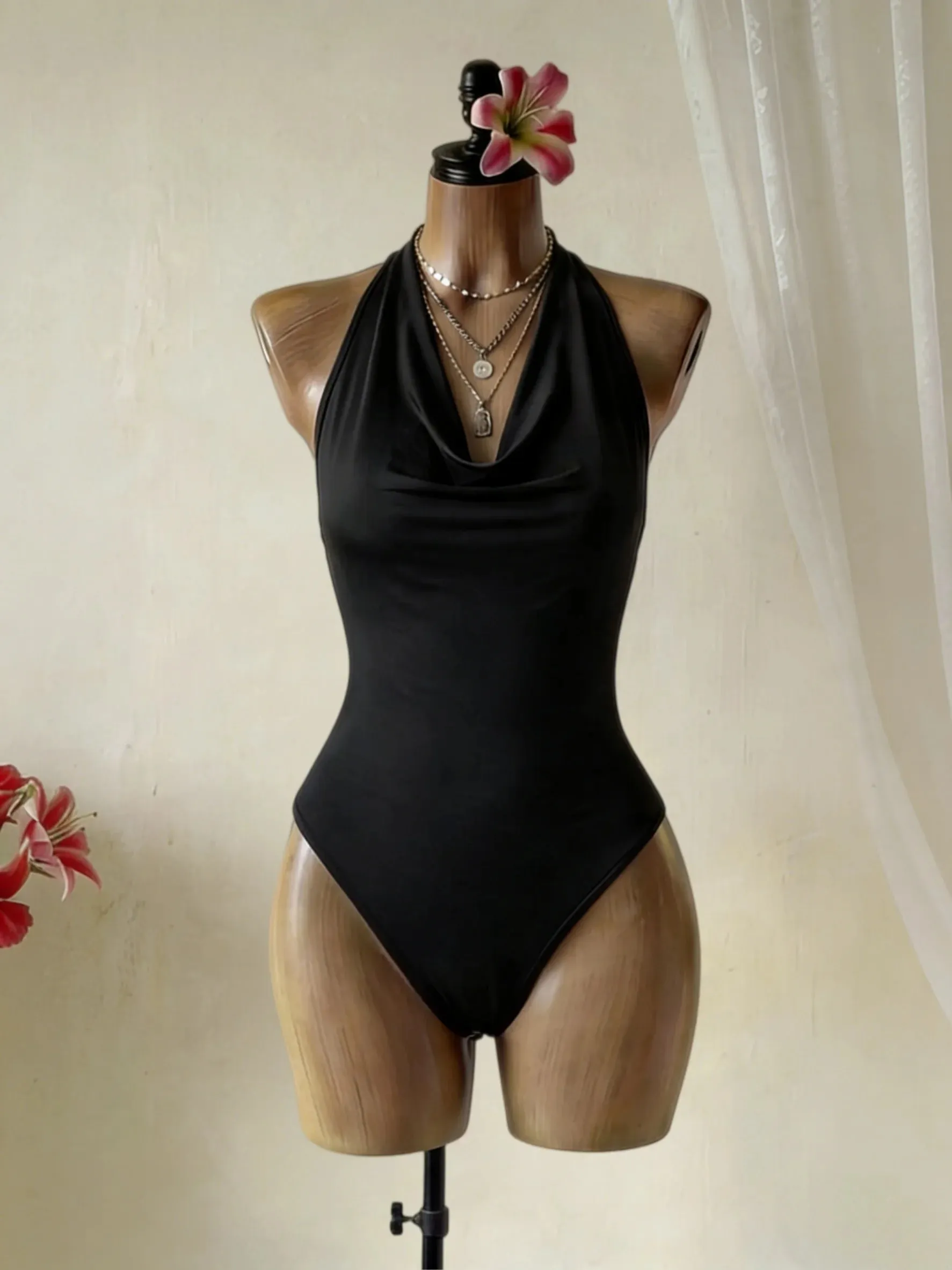 Women Halter Cowl Neck Deep V Sleeveless Slim Fit Body Shaping Bodysuit 2026 Summer Solid Black Club Casual Basic Jumpsuit Top