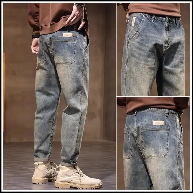 Spring Summer New Retro Men's Jeans Straight Leg Elastic Casual Versatile Classic Mid-Rise Long Pants Comfortable Fit