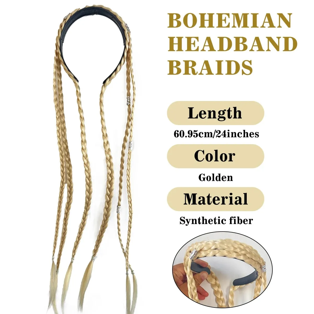 Synthetic Braided Headband Wig Braids Hairband With Decorative Silver Rings Long Box Braid Headband Hairpieces For Women Daily