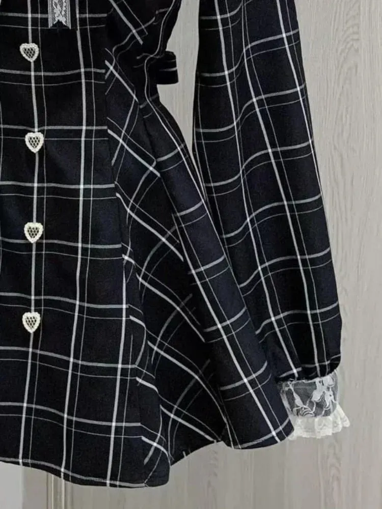 Japonská víla Sladká krajka Patchwork kostkované šaty Dámské Kawaii Grunge Šaty s volánky s dlouhým rukávem Y2k Estetické JK Lolita Vestidos