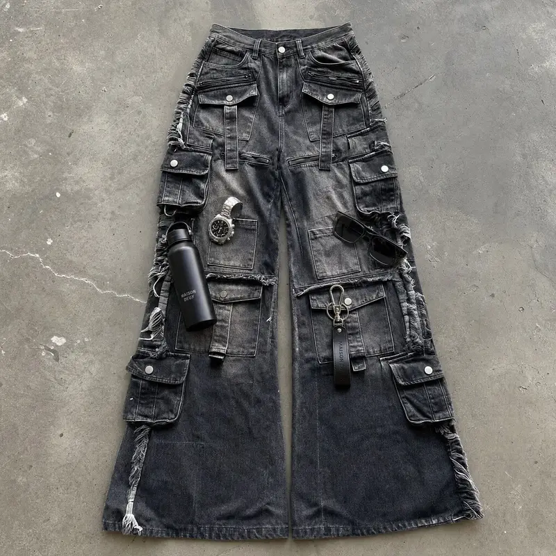 Y2K Black Multi Pocket Cargo Jeans Men Women Wide Leg Distressed Frayed Hem Flap Pockets Button Detail Baggy Streetwear Trousers