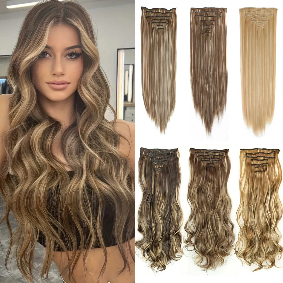 7Pcs/Set16Clips Hair Extension Black Long Straight Natural Hair Ombre Hairpiece Heat Resistant Fiber For Women Hairstyle Cosplay — image 2