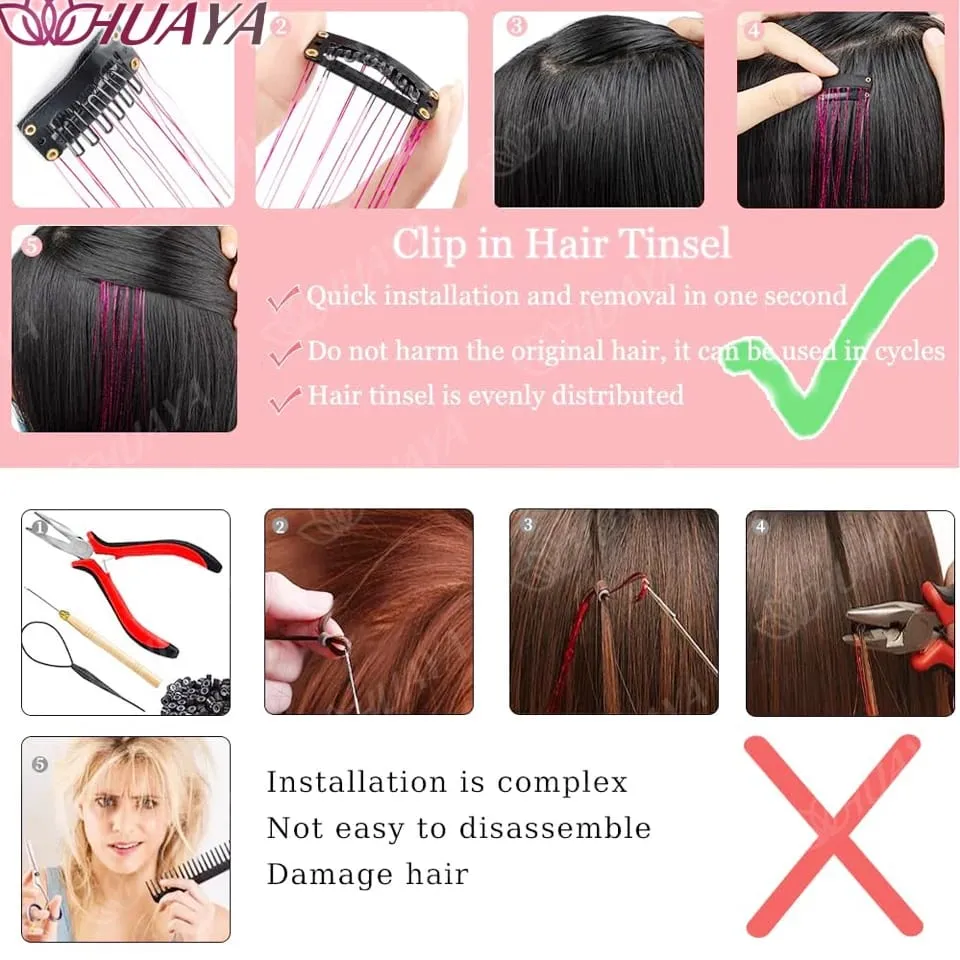 12Pcs/set Hair Tinsel Clip in Glitter Tinsel Hair Extensions Synthetic Shiny Sparkling Fairy Hair Tinsel Party Hair Accessories