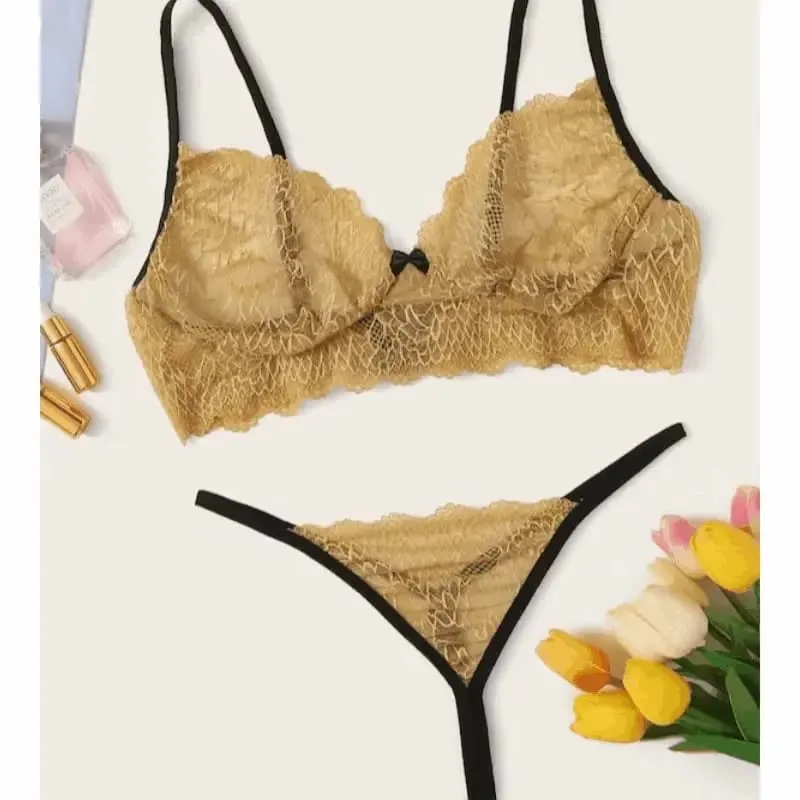 Sexy See through Lingerie Set with Suspender Transparent Bra And Panties for Young Women Fixed Strap Bralette Thin Cup Design