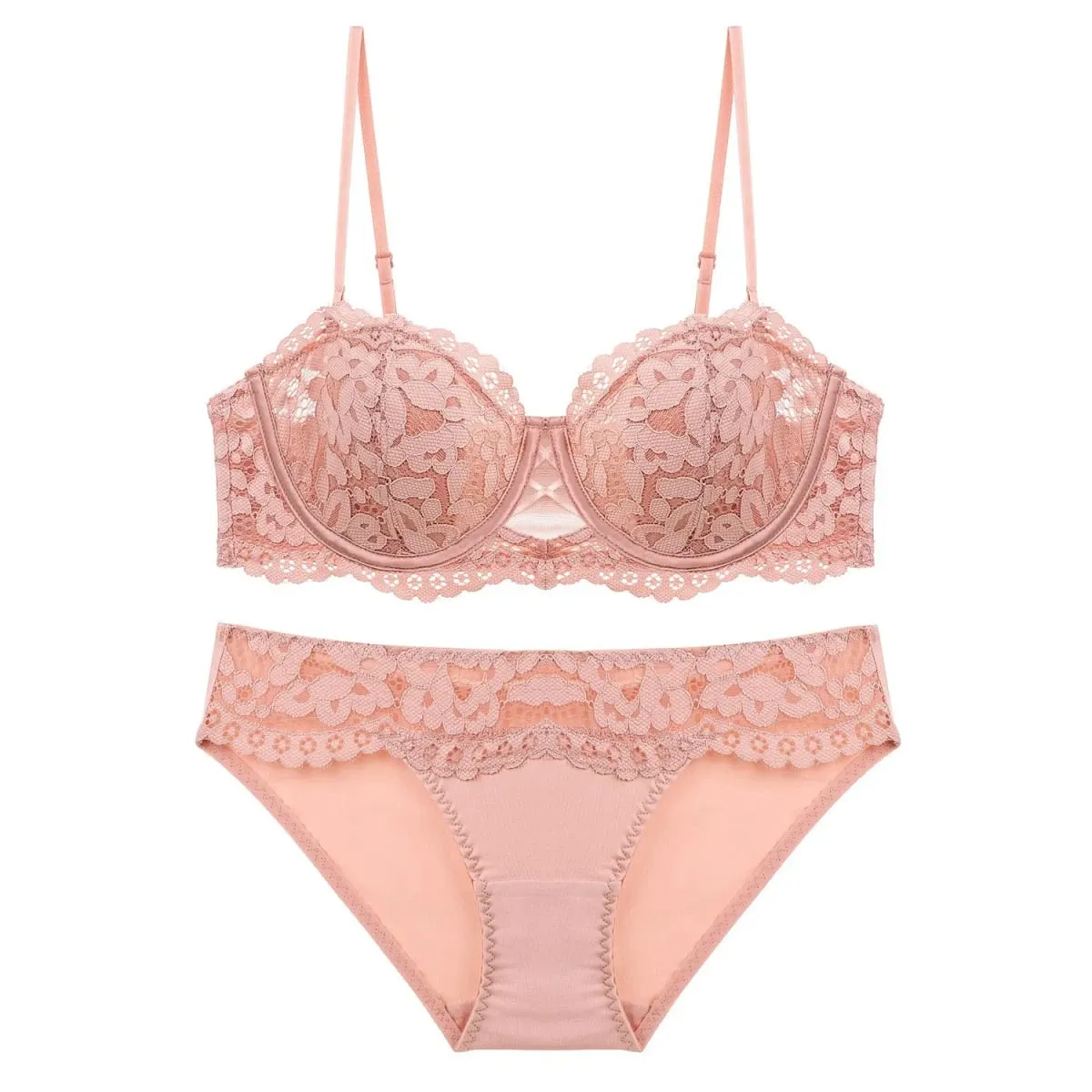 Half Cup Push Up Lace Bra Panties Set Underwear Bunny Ears Thin Lined Removable Straps Non-slip Widen Side Support Sexy Lingerie