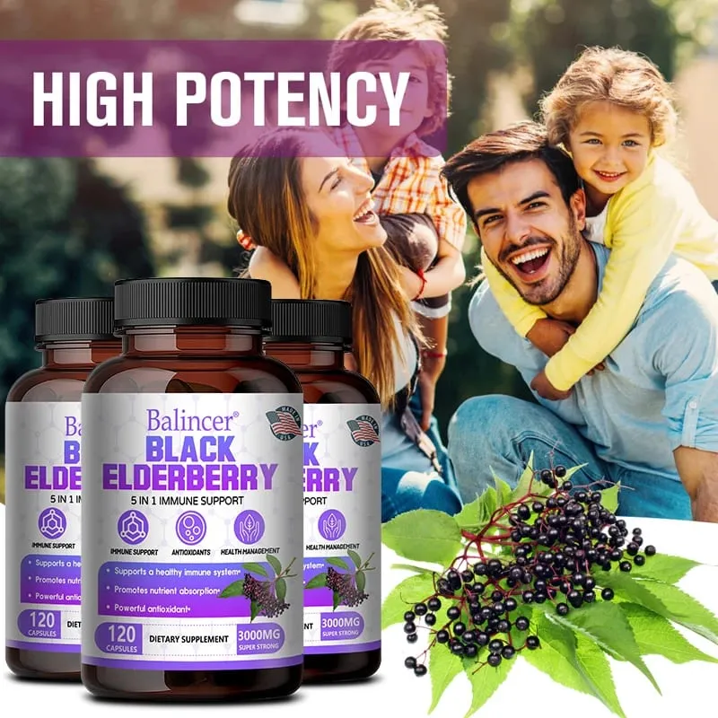 Black Elderberry Capsules with Milk Thistle Vitamin C Zinc Antioxidant Immune Support Skin Respiratory & Digestive Health