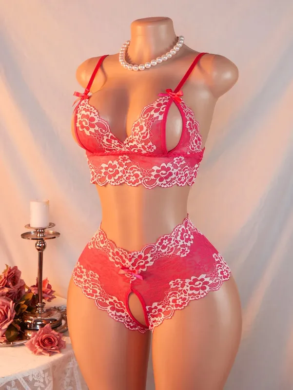 Pink Lace Open Brassiere Crotchless Panties Sexy Lingerie Female Sling Seductive Women's Fetish Transparent Underwear Sets
