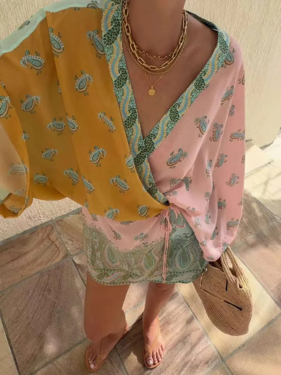 Bohemian Color Block Paisley Print Kimono Wrap Mini Dress Women V Neck 3/4 Sleeve Beach Cover Up Casual Short Dresses Summer 202