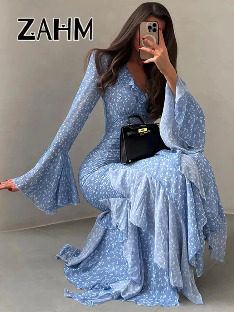 Chic Printed Women's Dress Ruffle Bell-Bottomed Sleeve V-Neck Slim Lady Long Dresses 2026 Spring Summer Female Vacation Robe New