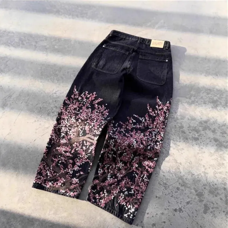 Unisex Jeans Harajuku European American Streetwear Embroidered Denim Pants Vintage Floral Loose Fit Straight Wide Leg Casual New