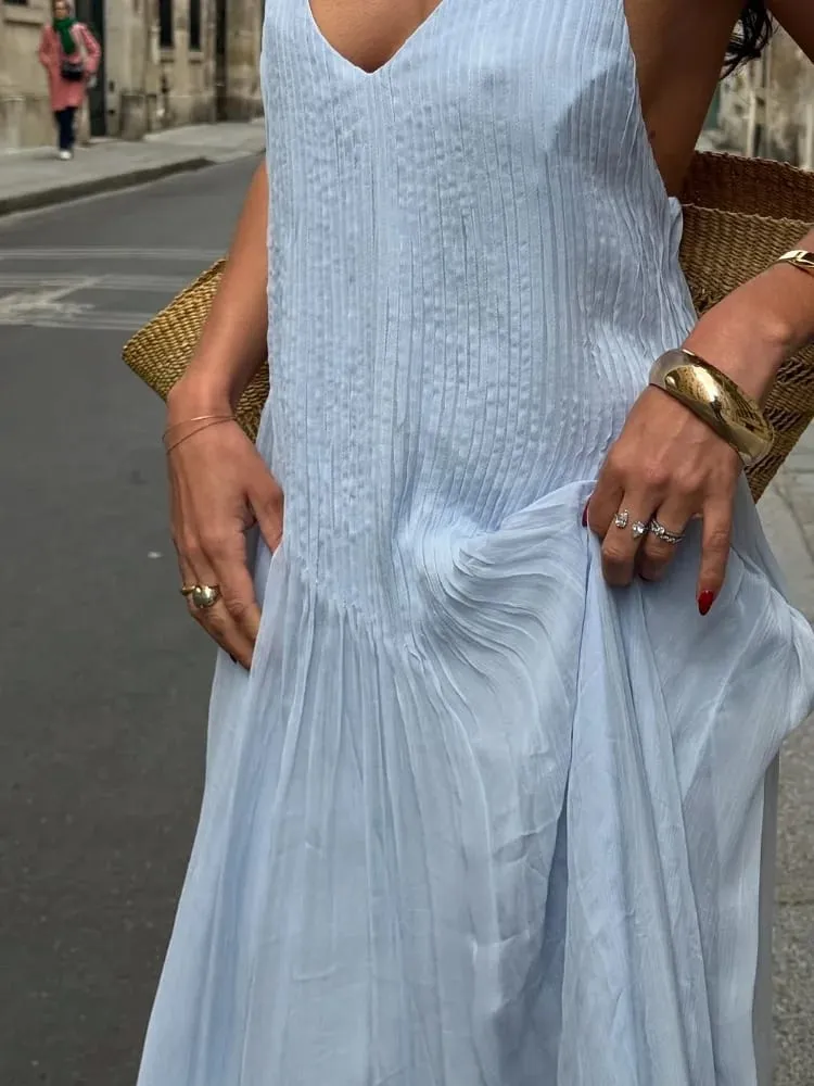Sexy dámské jednobarevné plisované dlouhé šaty elegantní bez rukávů podvazkové šaty slim fit šaty na plážový večírek