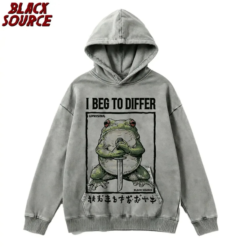 T444 I Beg To Differ Frog Hoodie, Funny Japanese Retro Graphic Pullover Sweatshirt, Harajuku Aesthetic Streetwear