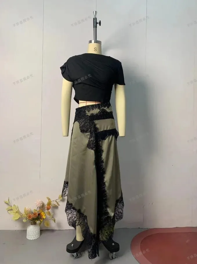 Womens Dresses 2025 Spring Summer New Solid Color Hollow Waist Irregular Lace Splicing Round Neck Short Sleeve Casual Dress