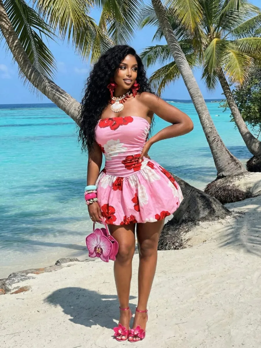 Women Strapless Floral Print Mini Dress Ruched Waist Flared Skirt Bodycon Dress For Beach Holiday Party Occasion — image 6