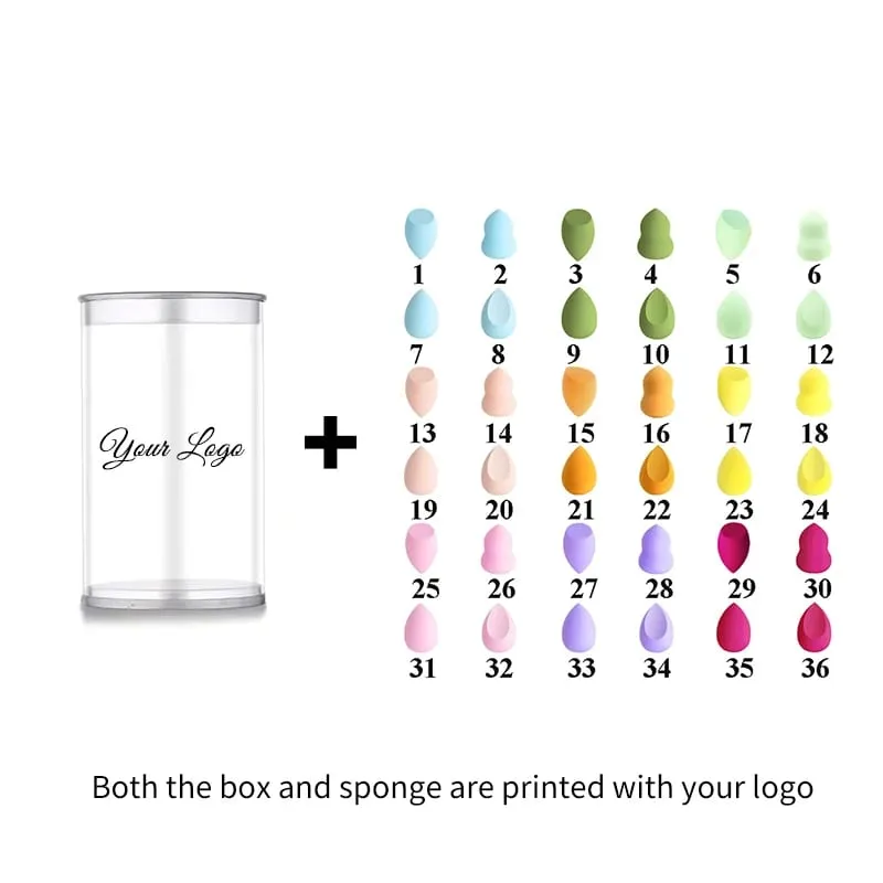 25 Stück benutzerdefiniertes Logo Beauty Color Kosmetikmixer mit Box Anpassen des Make-ups Private Label Latexfreier transparenter Box-Make-up-Schwamm