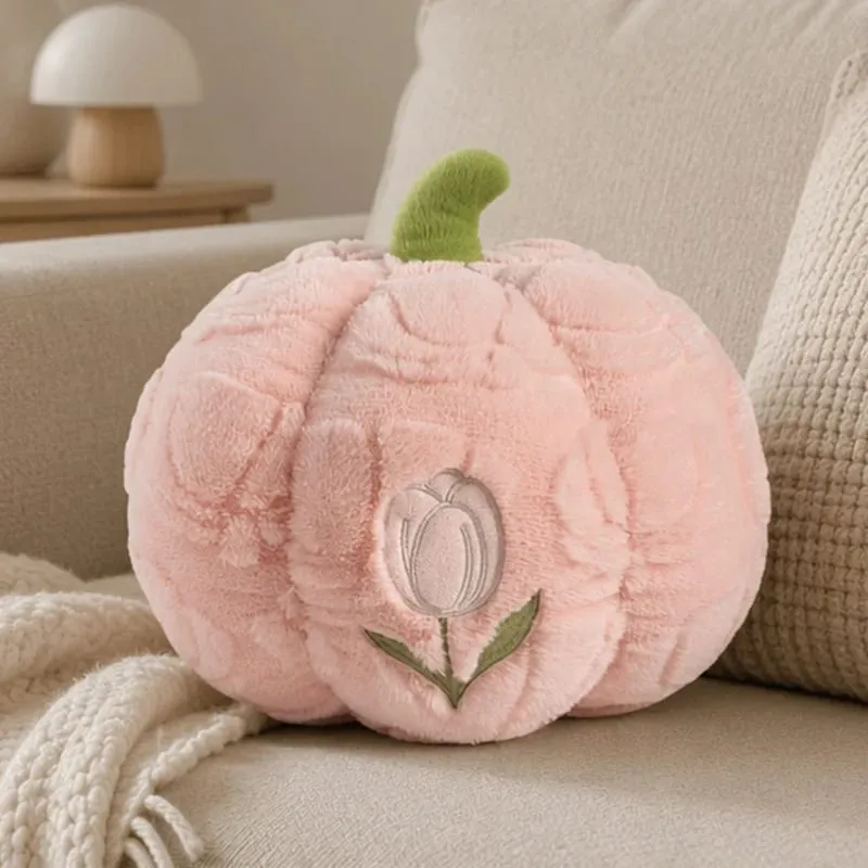 Cute Pumpkin Throw Pillow With Tulip Embroidery Soft Plush Pumpkin Shaped Cushion Pillow For Sofa Living Room Hallowmas Gifts