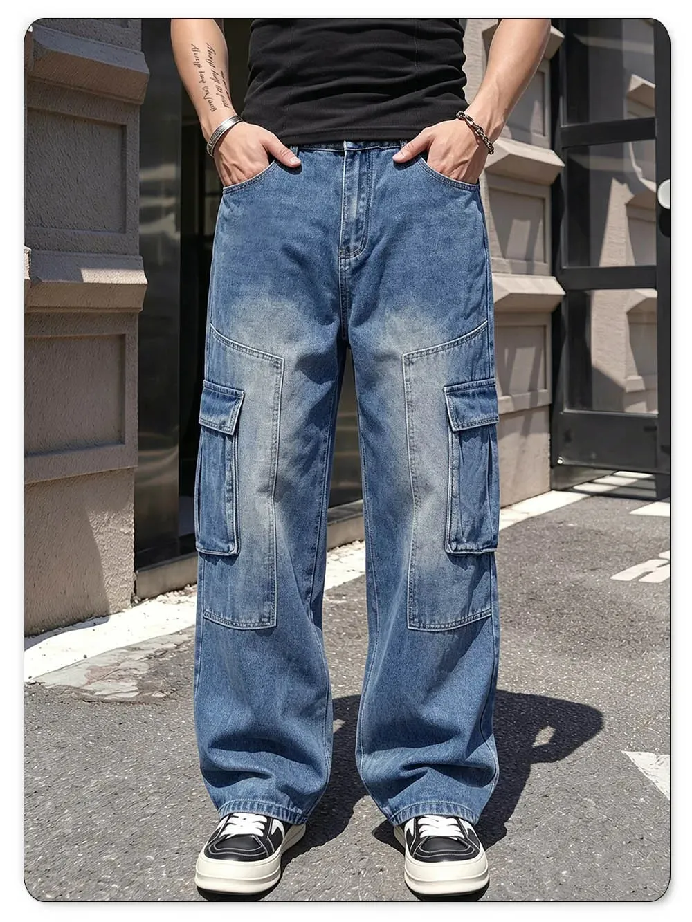 Men's American Retro Multi Pocket Cargo Jeans Suitable All Seasons Baggy Straight Leg Style Daily Street Casual Denim Pants — image 4