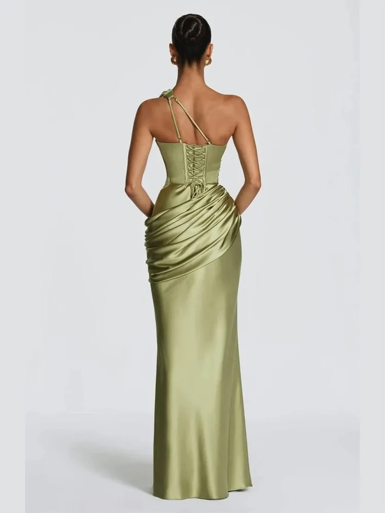 Satin One Shoulder Cutout Long Dress Women Elegant Solid Ruched Mermaid Slim Fit Flowy Vestido 2026 Lady Summer Evening Dresses