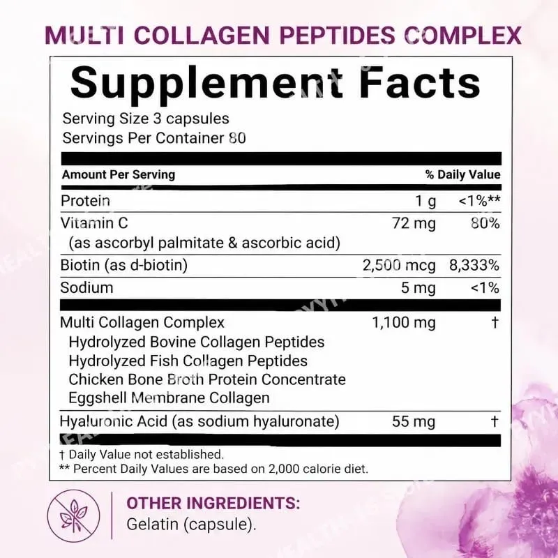 Cápsulas de múltiplos peptídeos de colágeno com biotina, vitamina C e ácido hialurônico contém ovos e peixe 240 cápsulas