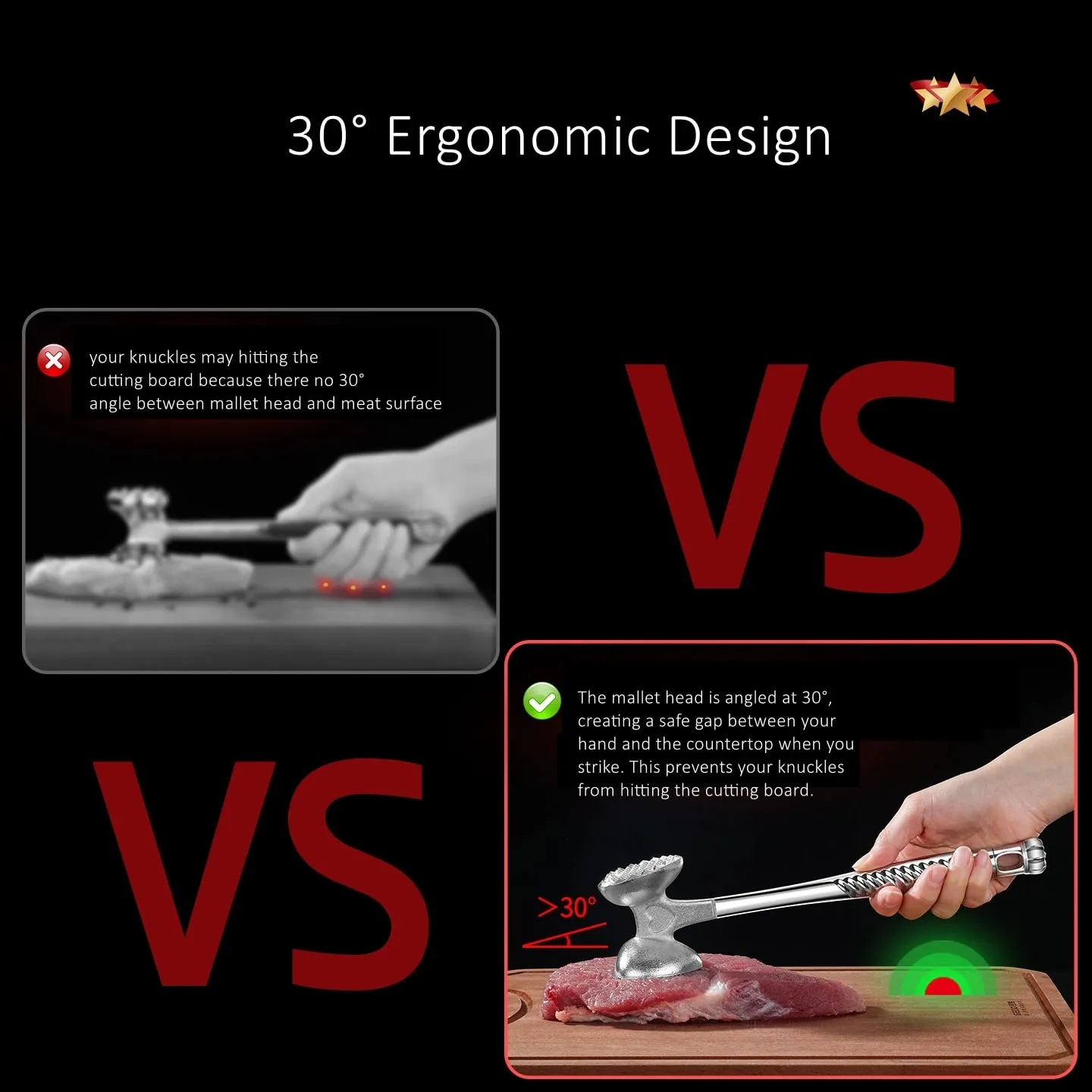 LFGB Certification Solid Alloy Meat Mallet 30° Tilt Ergonomic Strike Surface Steak Tenderizer Efficient Kitchen Cooking Tool
